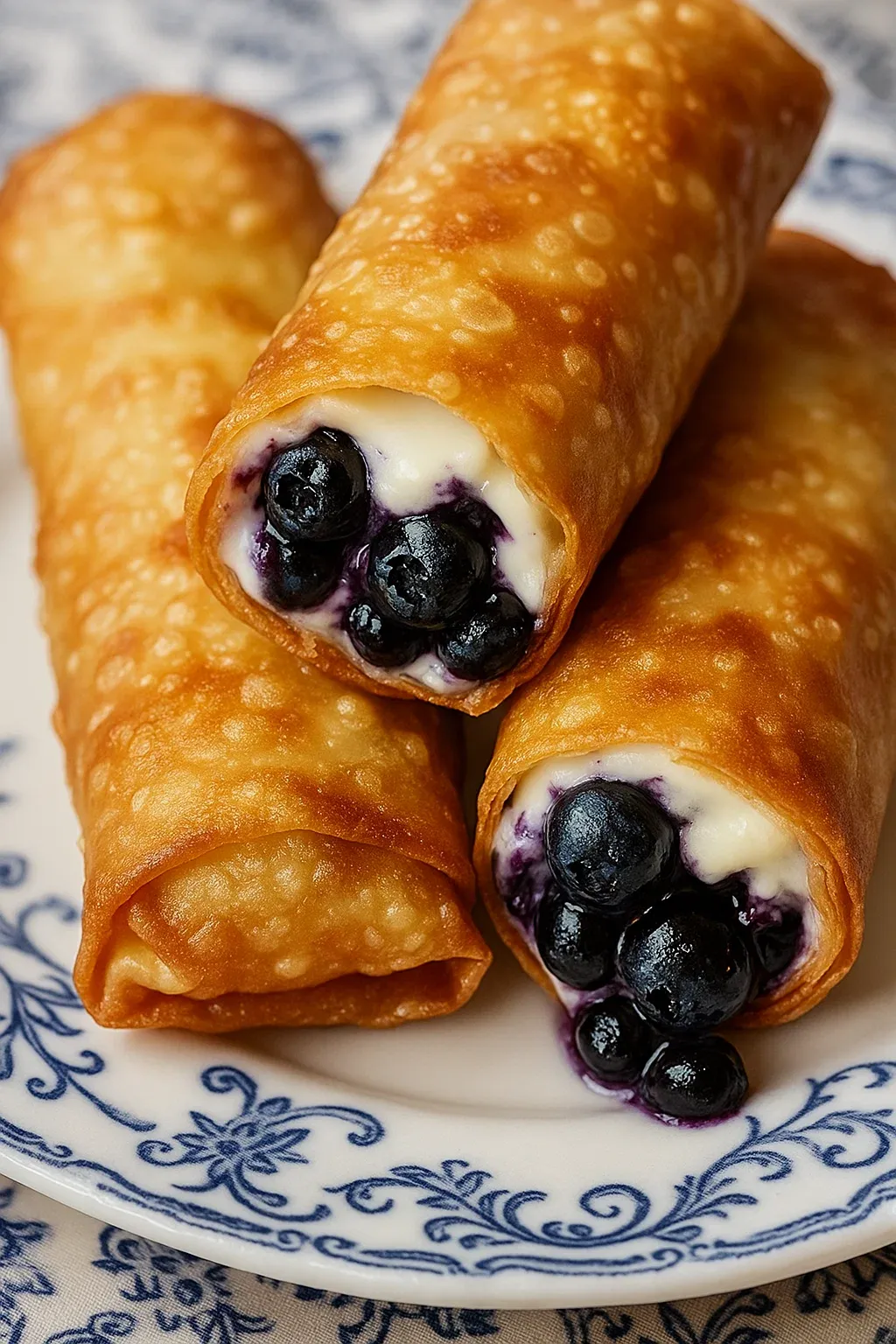 Three blueberry cream cheese egg rolls on a plate.