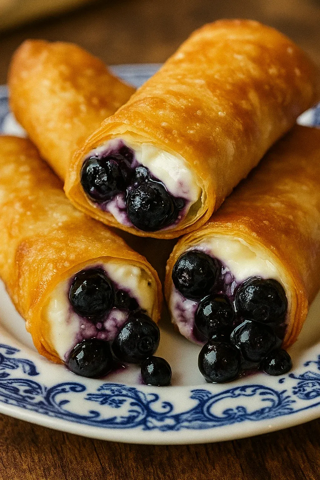 Blueberry cream cheese egg rolls on a plate.