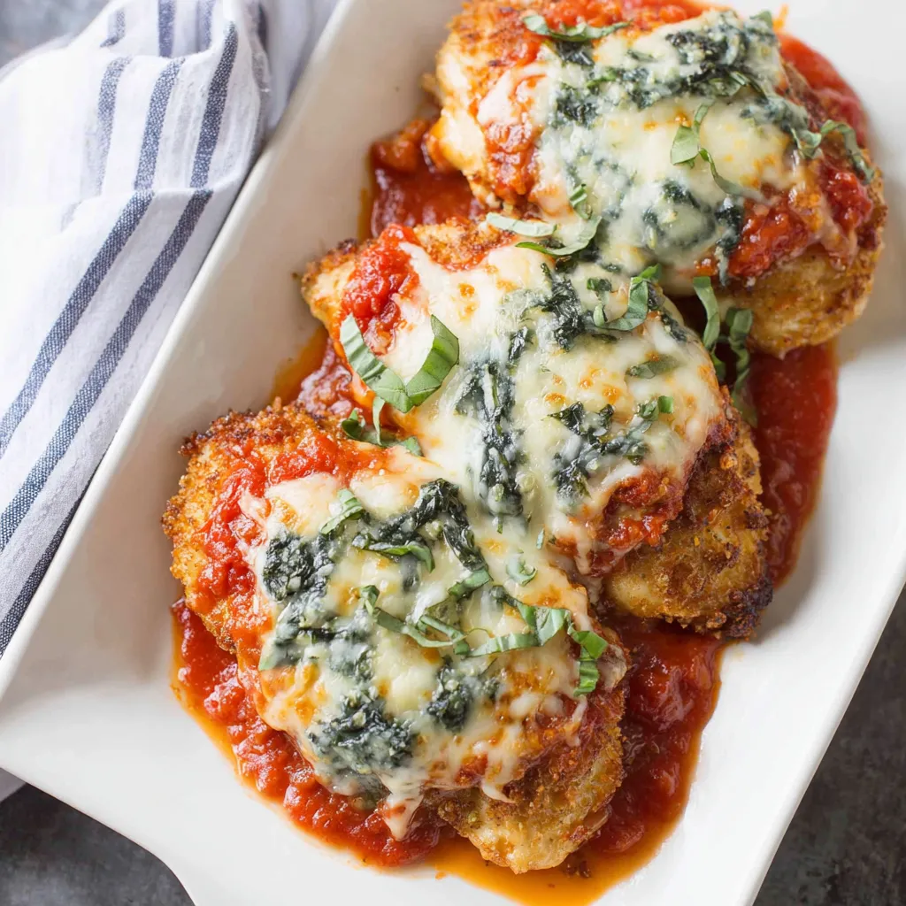 A plate of chicken parmesan with cheese and sauce.