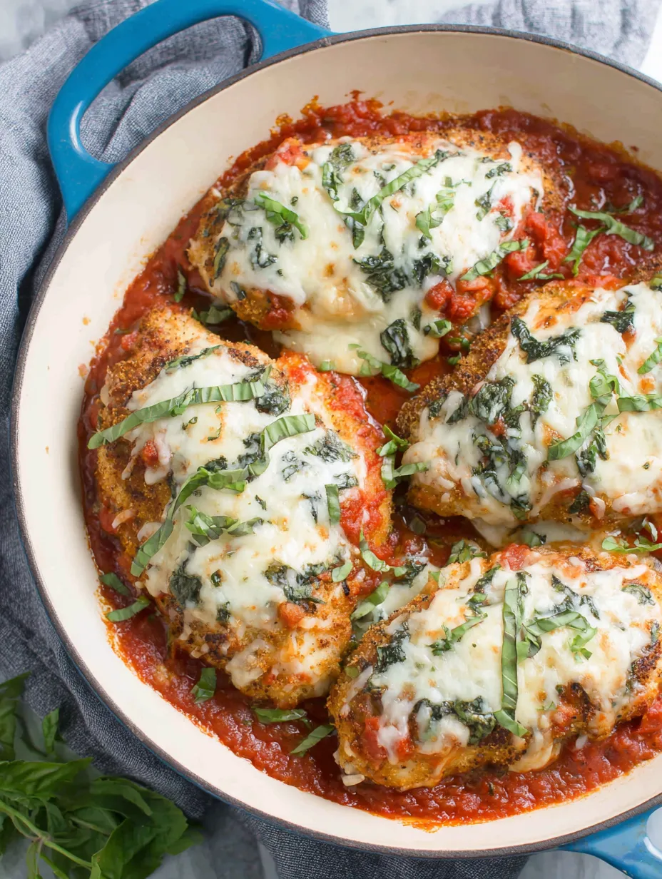 A plate of chicken parmesan with cheese and sauce.