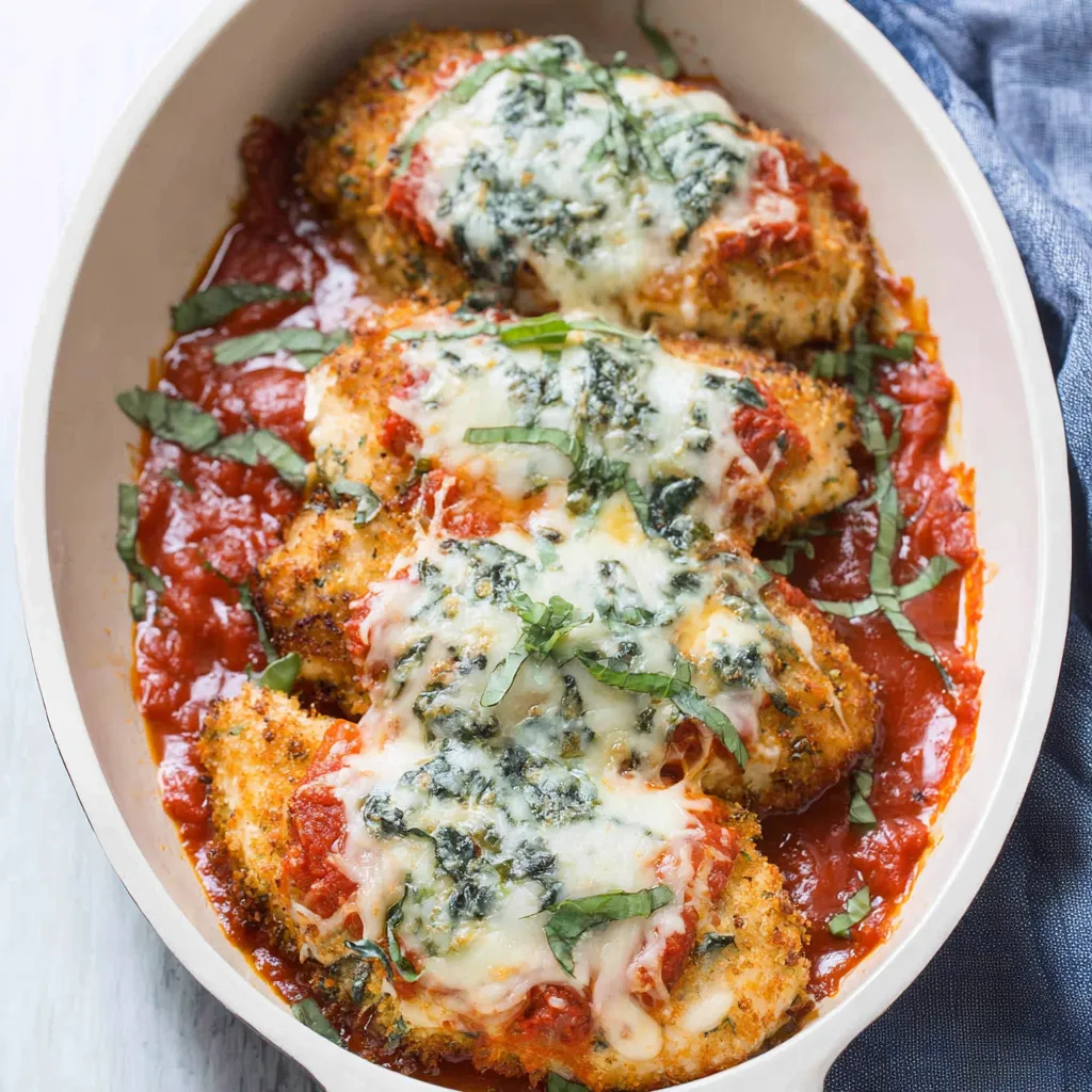 A bowl of chicken parmesan with cheese and spinach.