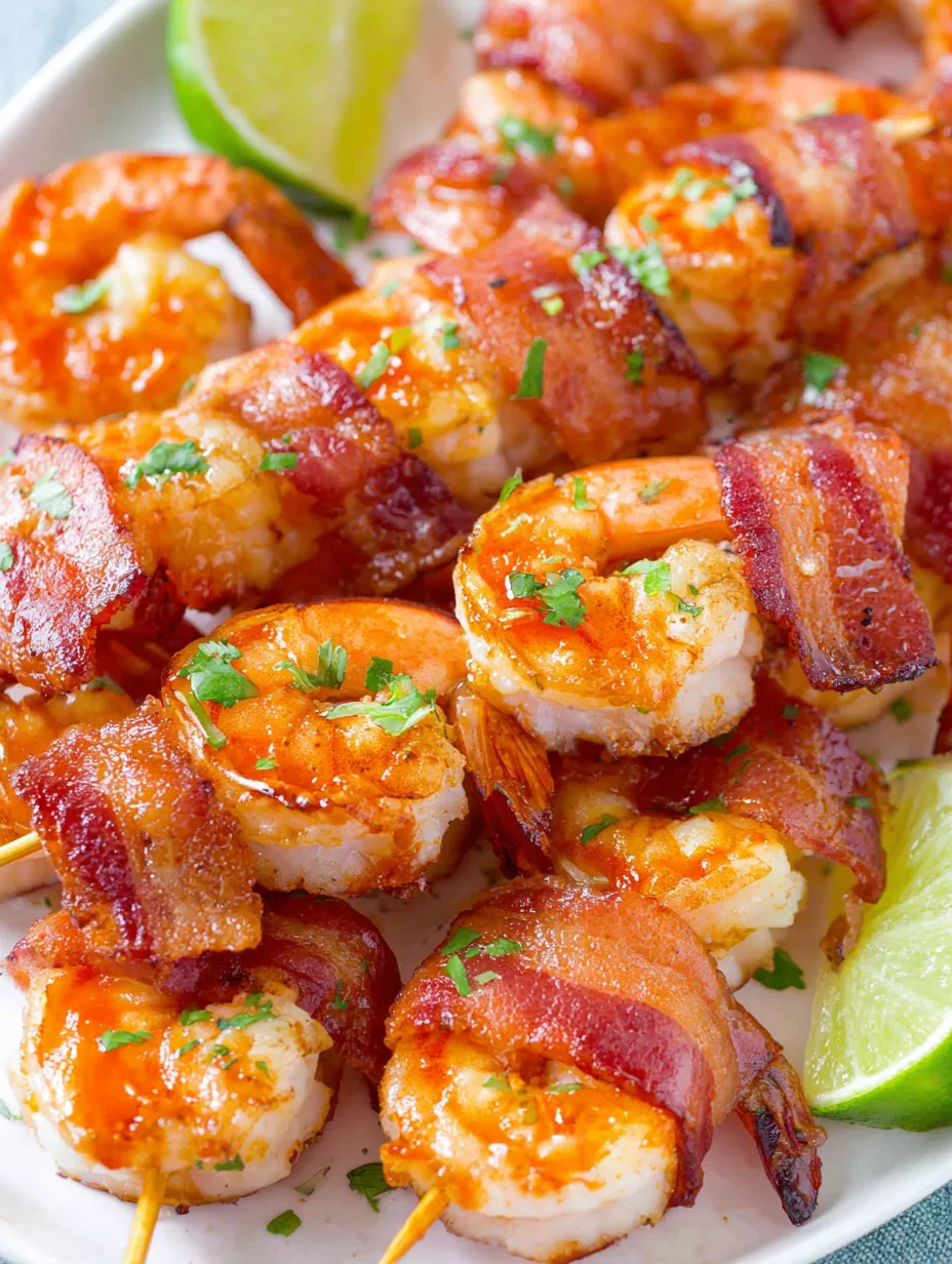 Bacon-wrapped shrimp on a plate.