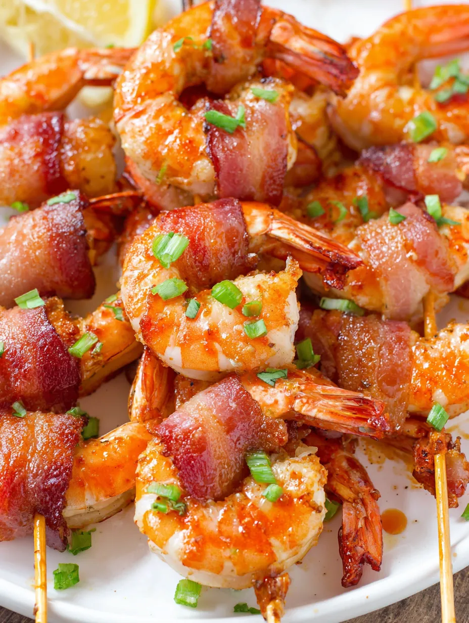 Bacon-wrapped shrimp on a plate.