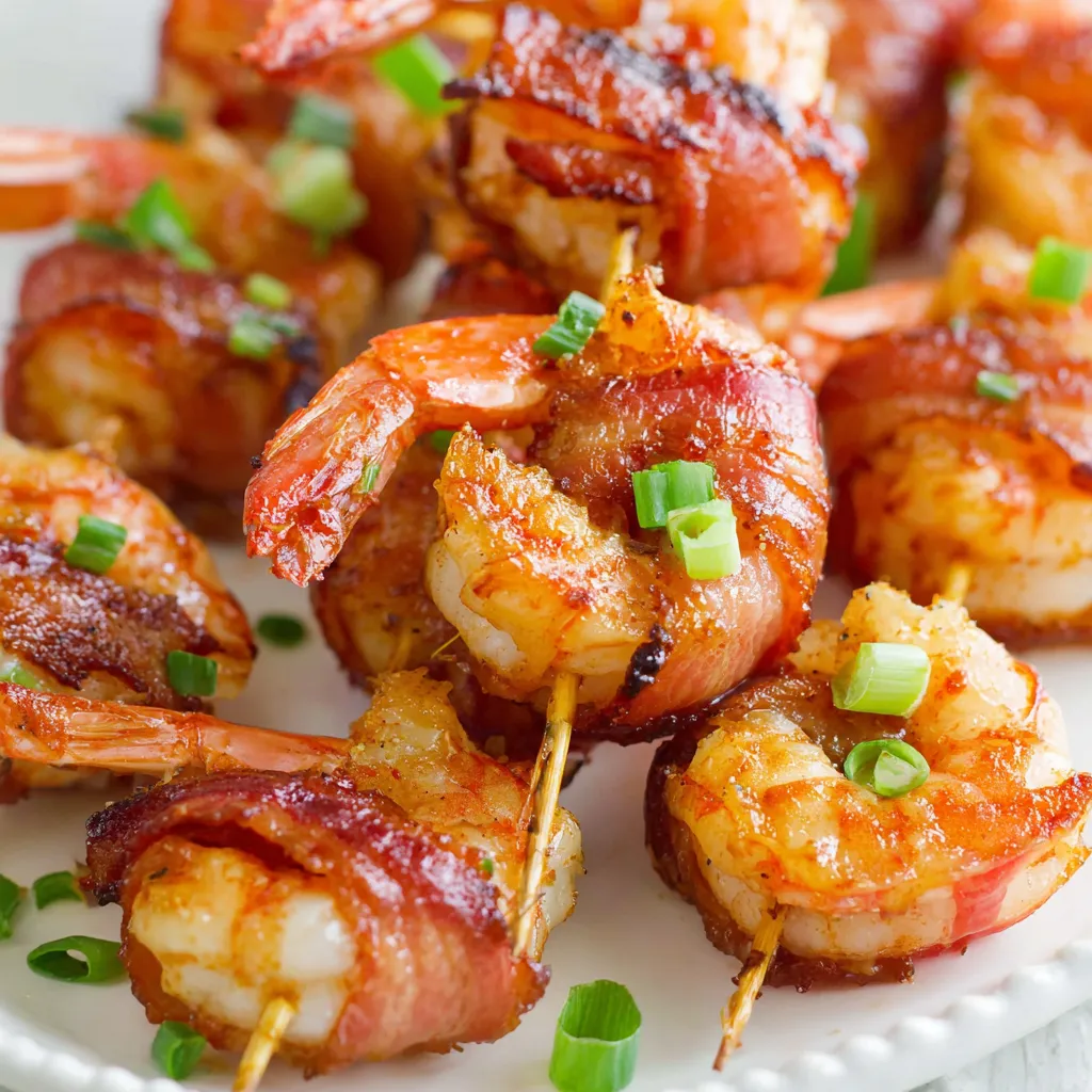 Bacon-wrapped shrimp on a plate.