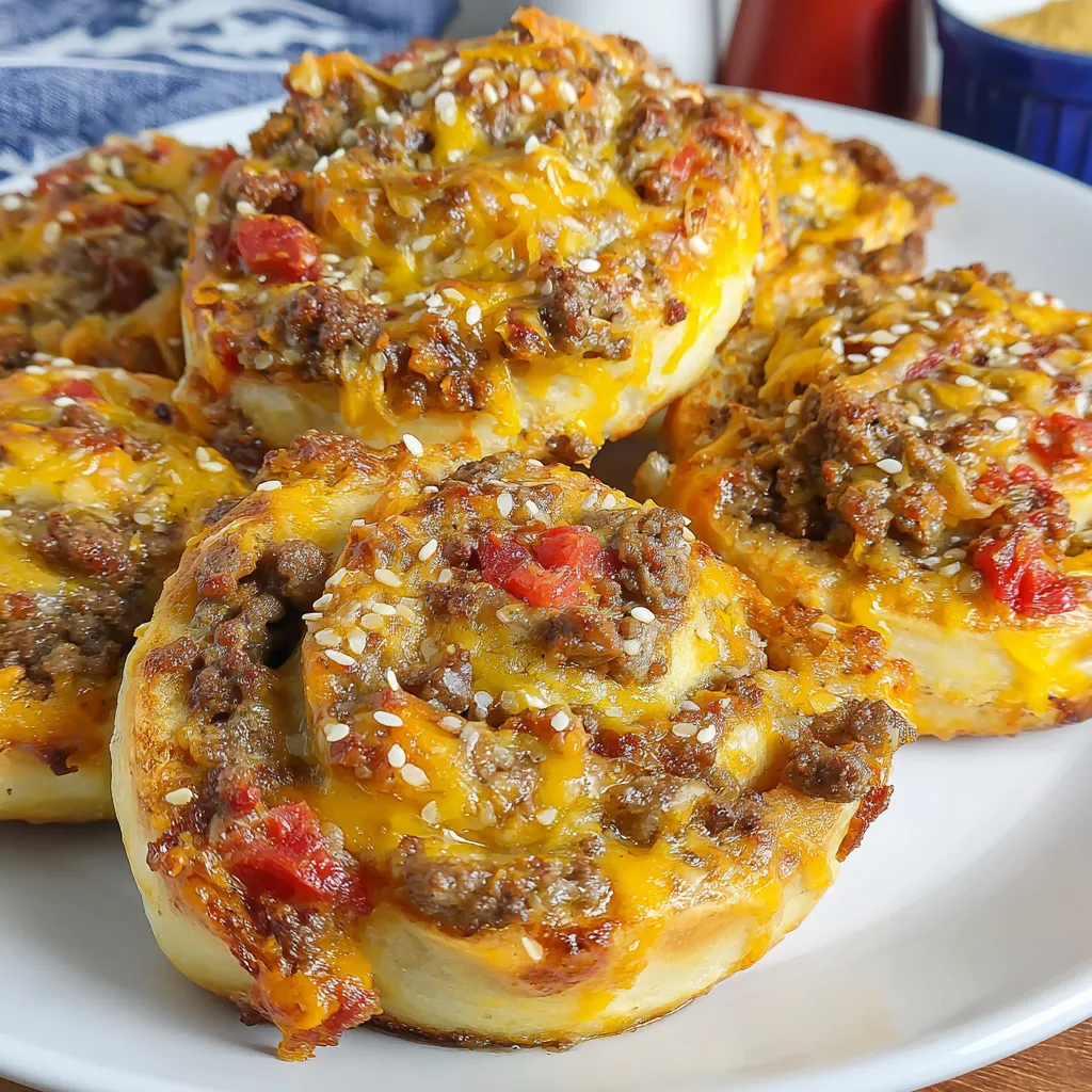 A plate of bacon cheeseburger pinwheels.