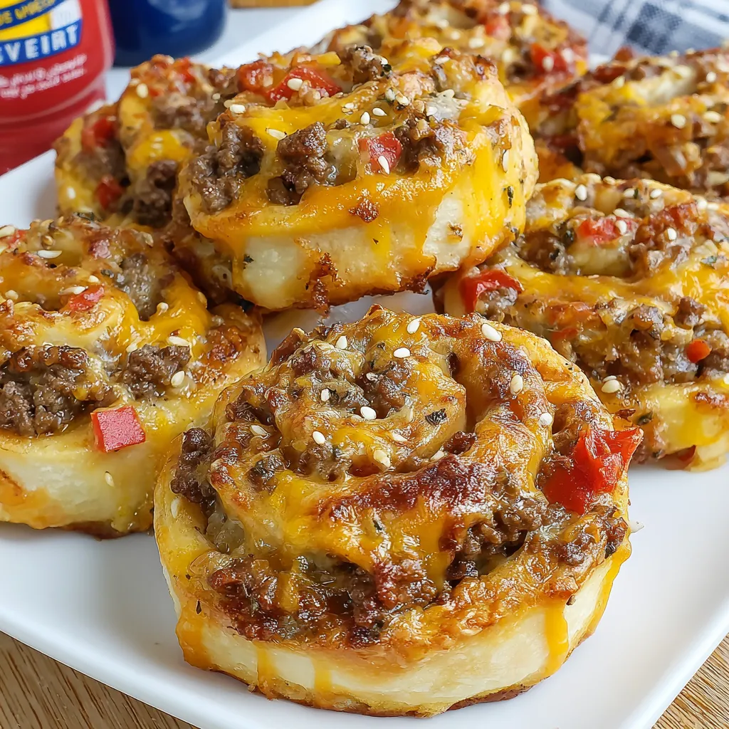 A plate of bacon cheeseburger pinwheels.
