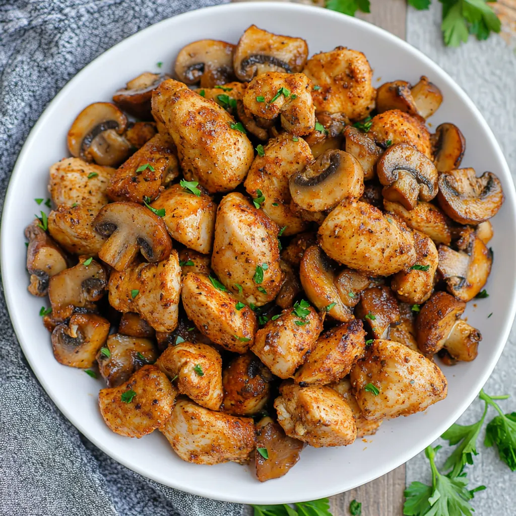 A plate of Cajun chicken bites with mushrooms.
