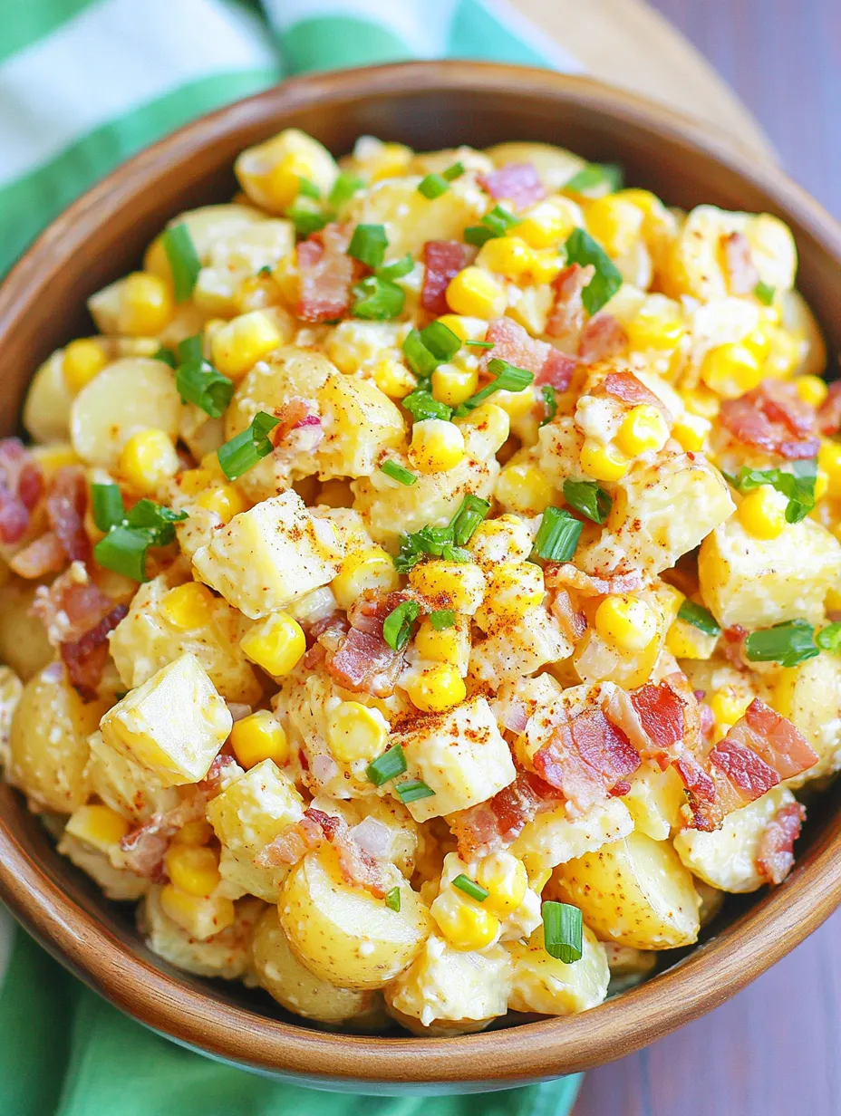 A bowl of Mexican street corn potato salad with bacon.
