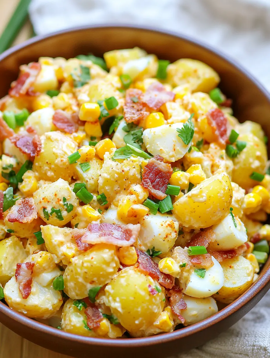 A bowl of Mexican street corn potato salad with bacon.