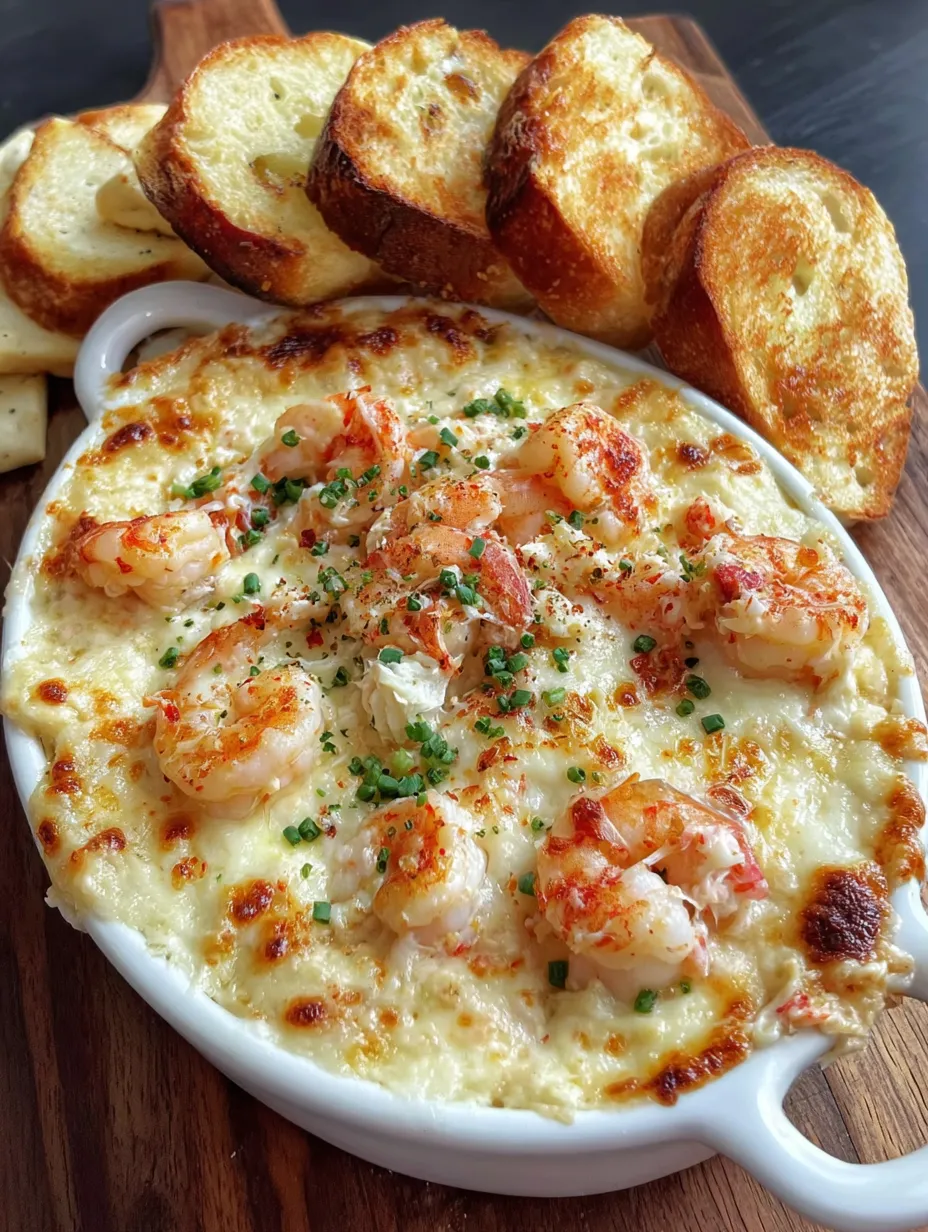 A bowl of cheesy shrimp and crab bake dip.