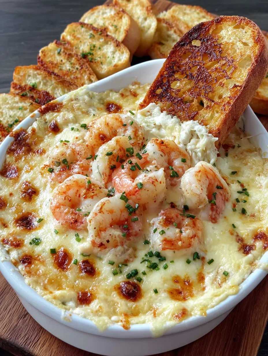 A bowl of cheesy shrimp and crab bake dip.