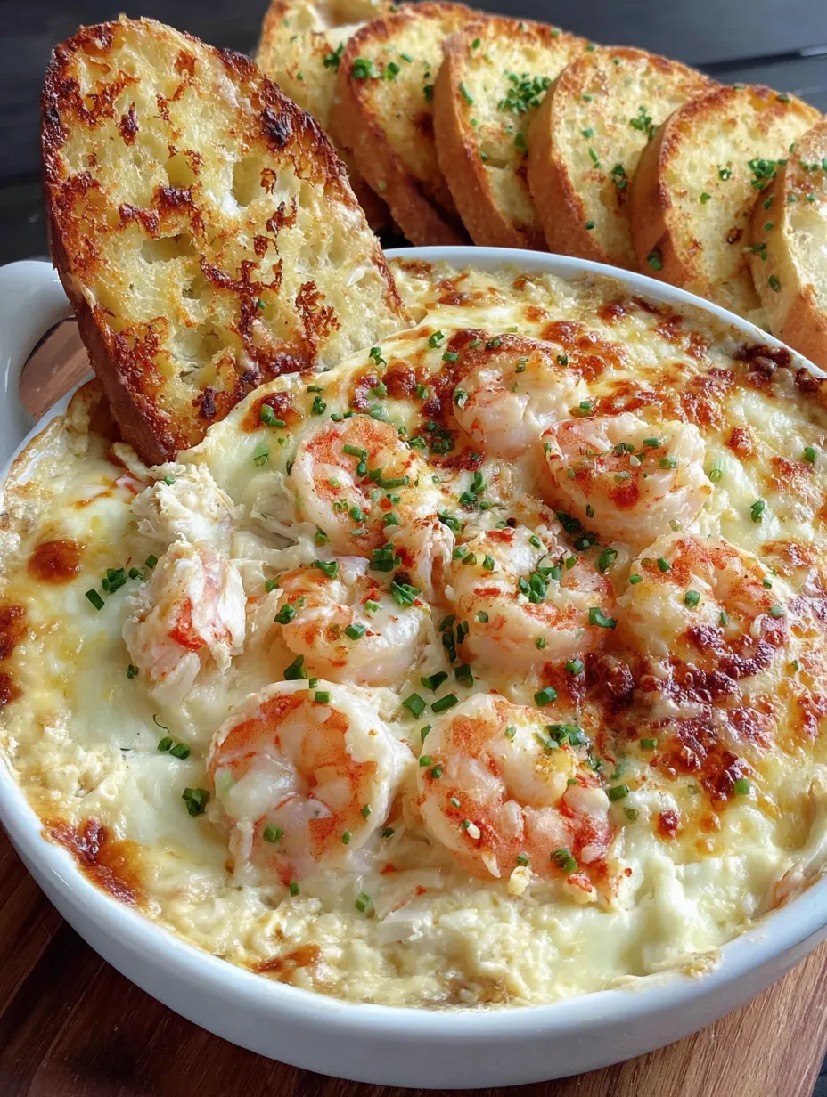 A bowl of cheesy shrimp and crab bake dip.