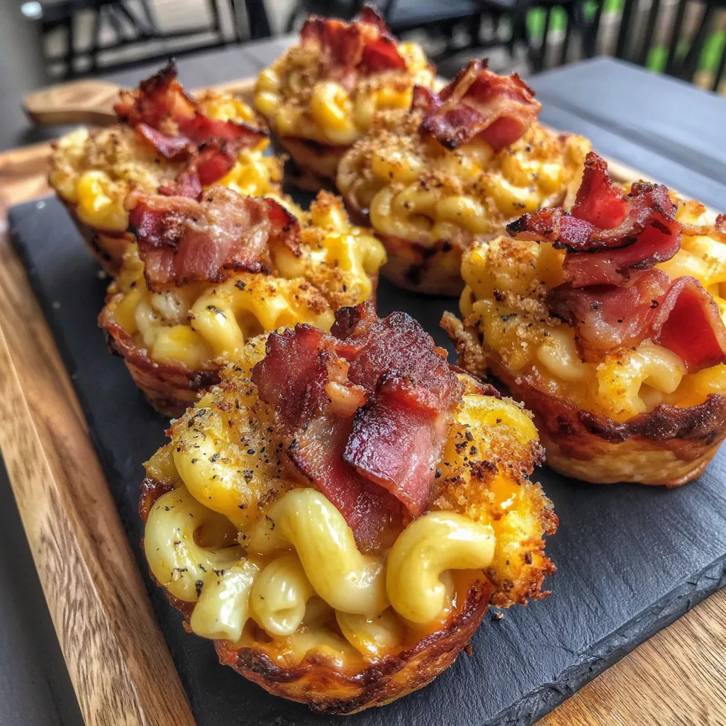 Smoked mac and cheese bacon cups.