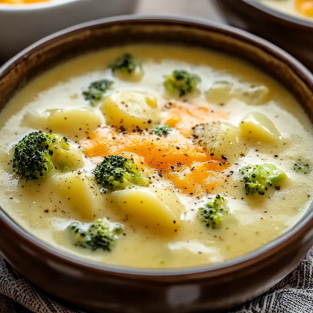 A bowl of soup with broccoli and cheese.