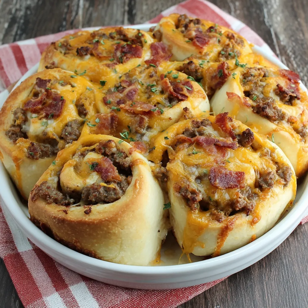 A plate of bacon cheeseburger pinwheels.