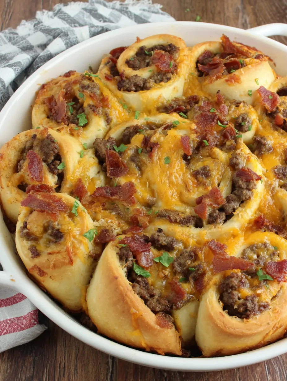 A dish of bacon cheeseburger pinwheels.