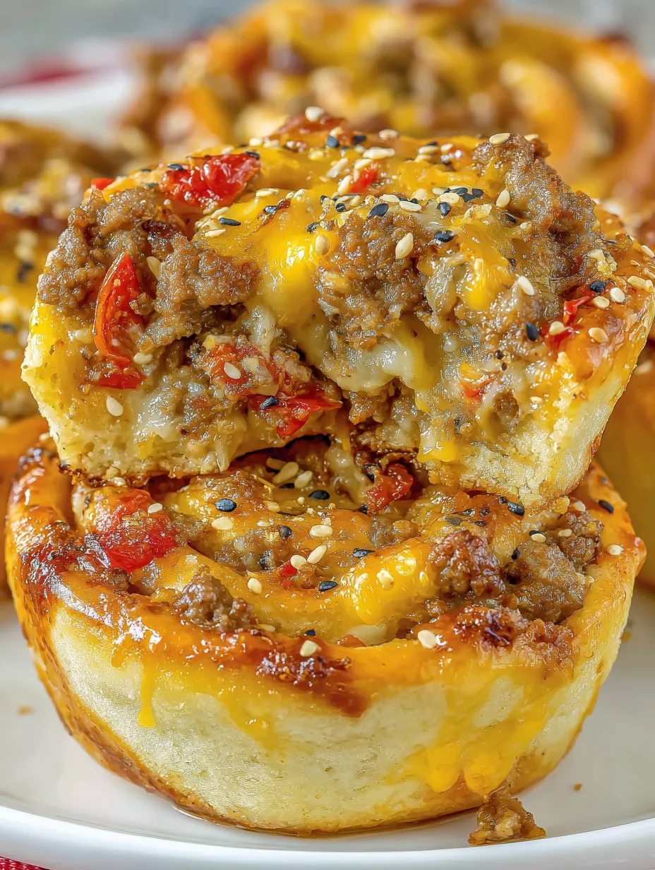 A close up of a cheeseburger pinwheel.