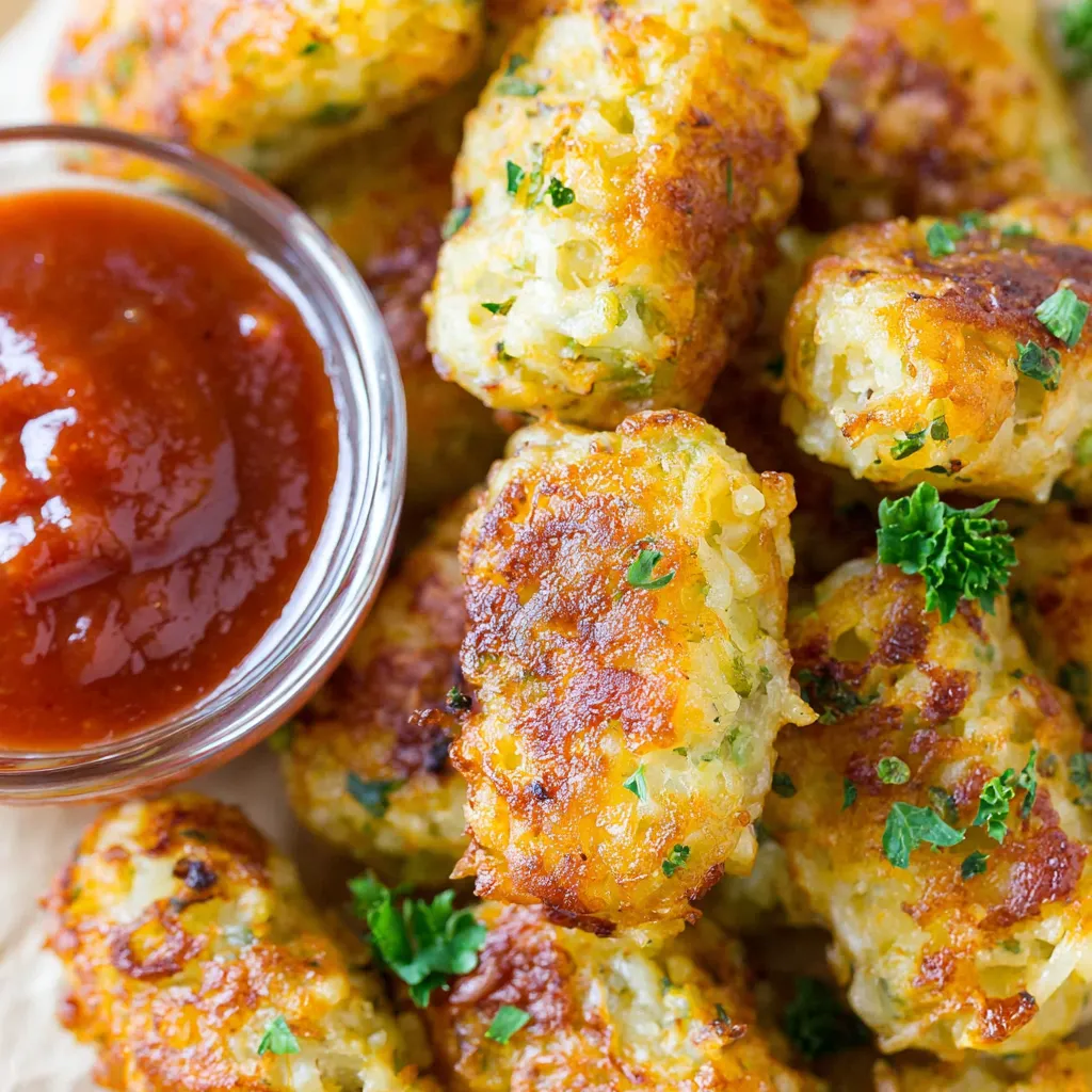 A bowl of tater tots with a dipping sauce.