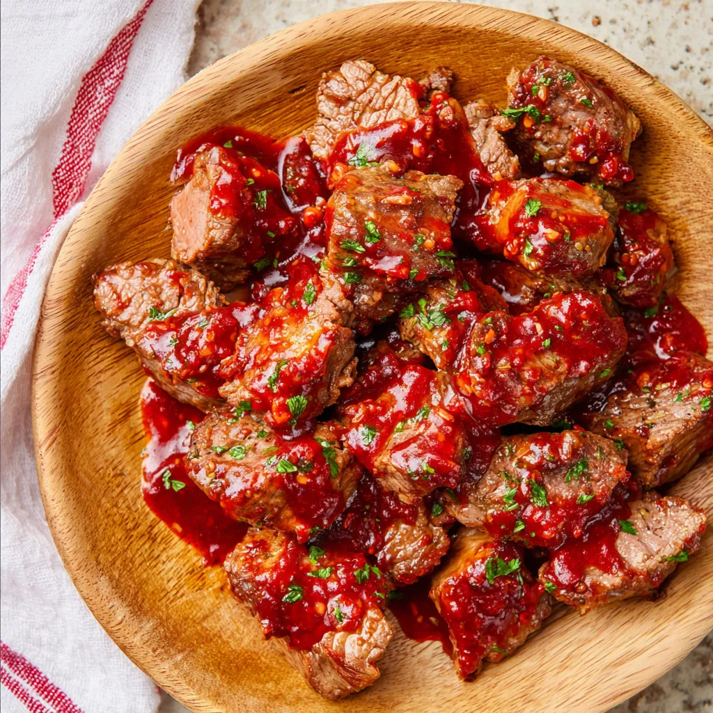 A plate of sweet and spicy glazed steak bites.