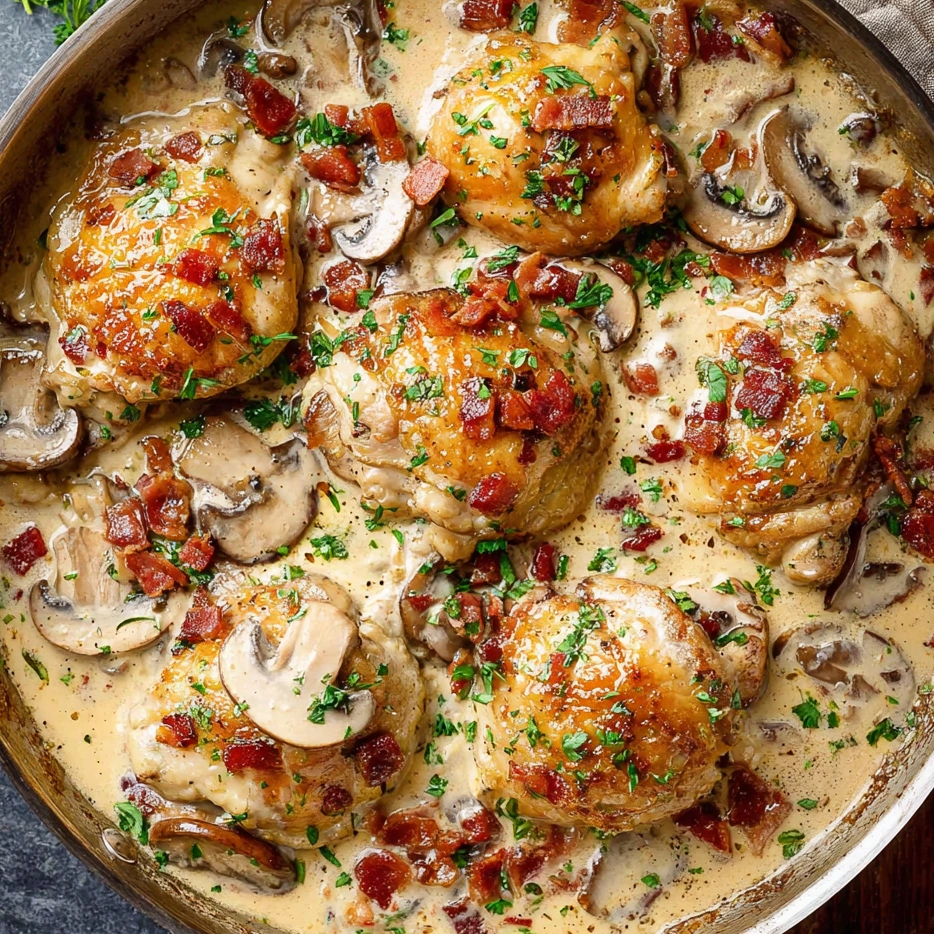 A pan of creamy baked chicken thighs with mushrooms and bacon.