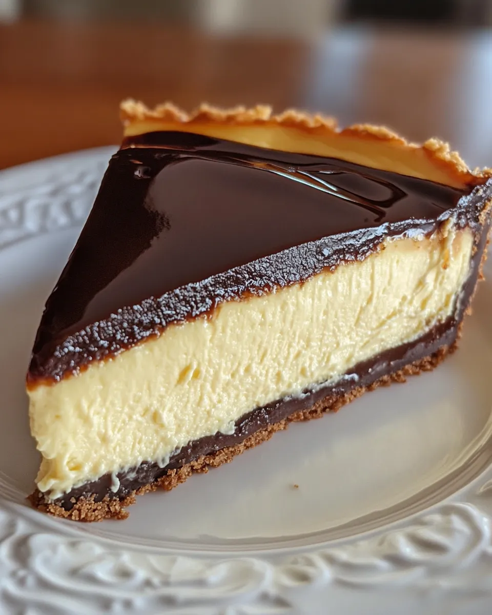 A slice of Boston Cream Pie Cheesecake.
