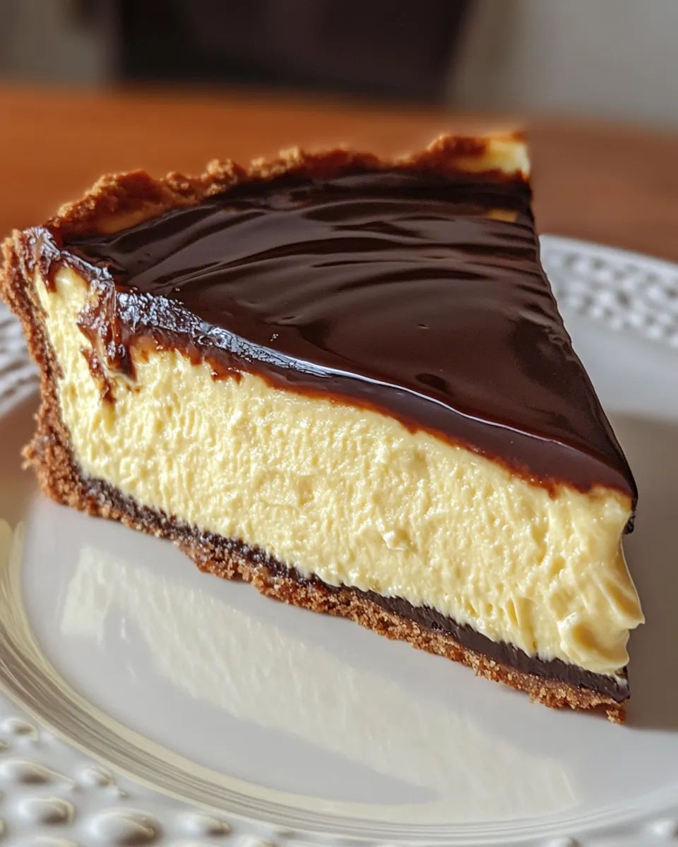 A slice of Boston Cream Pie Cheesecake.