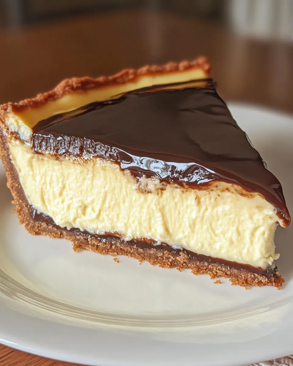 A slice of Boston Cream Pie Cheesecake.