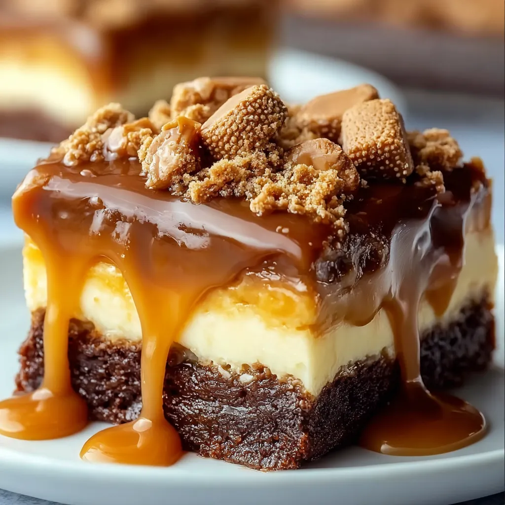 A close up of a delicious caramel cheesecake bar.