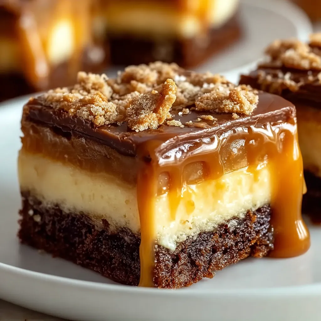 A slice of caramel cheesecake on a white plate.