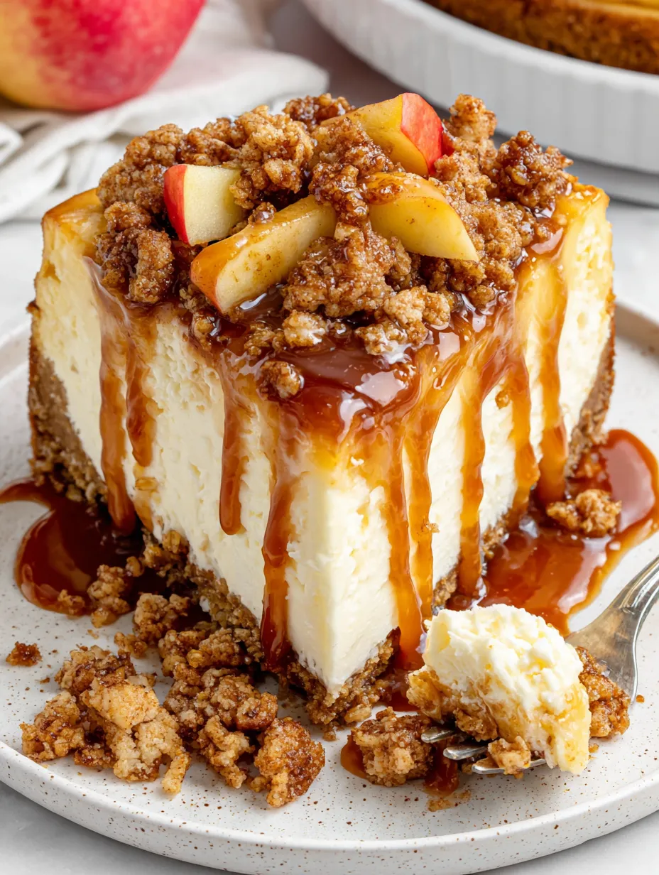 A slice of apple crisp cheesecake with caramel drizzle.