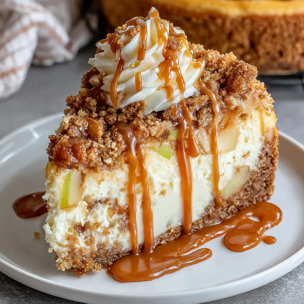A slice of apple crisp cheesecake with caramel drizzle.