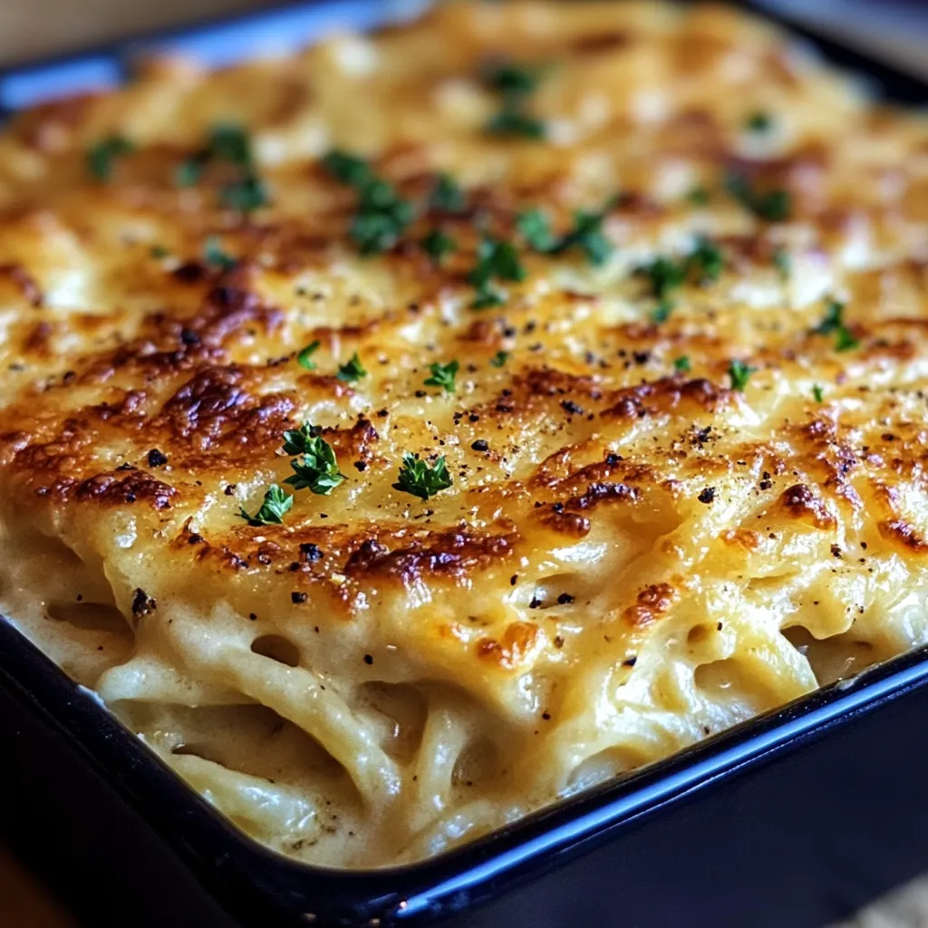 A baked casserole dish with a green herb on top.
