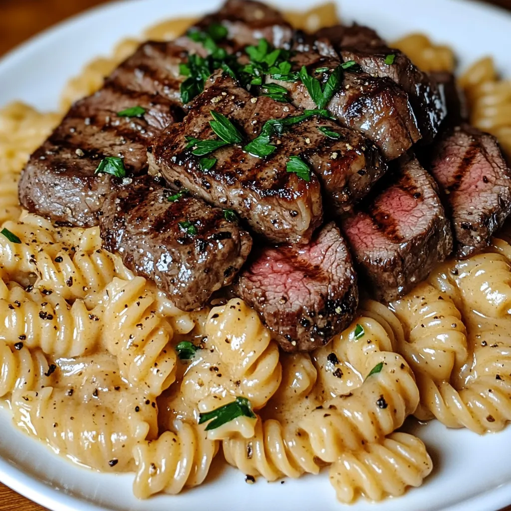 A plate of pasta with meat on top.