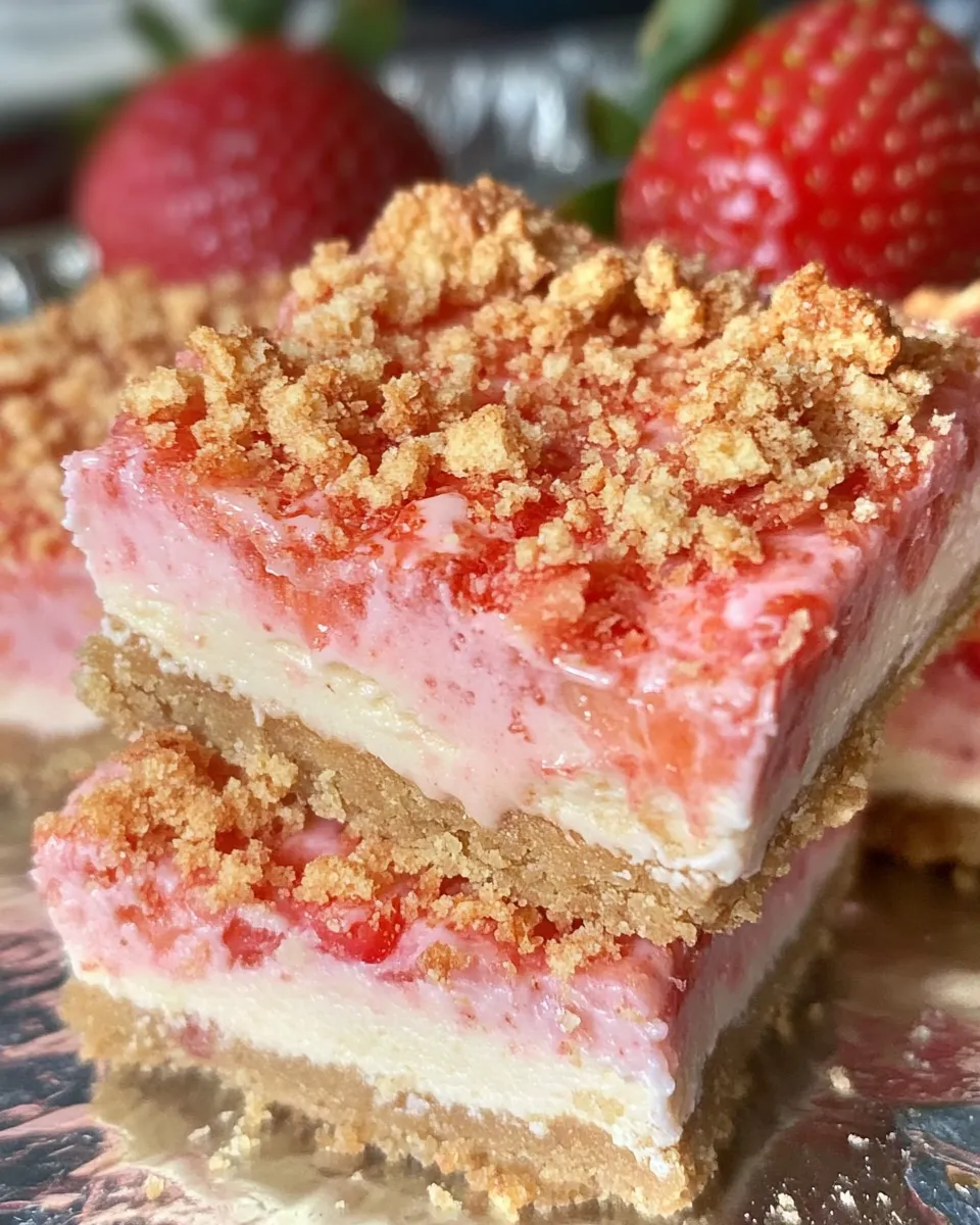 A slice of strawberry crunch cheesecake bars.
