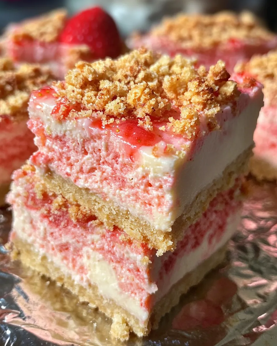 A slice of strawberry crunch cheesecake bars.