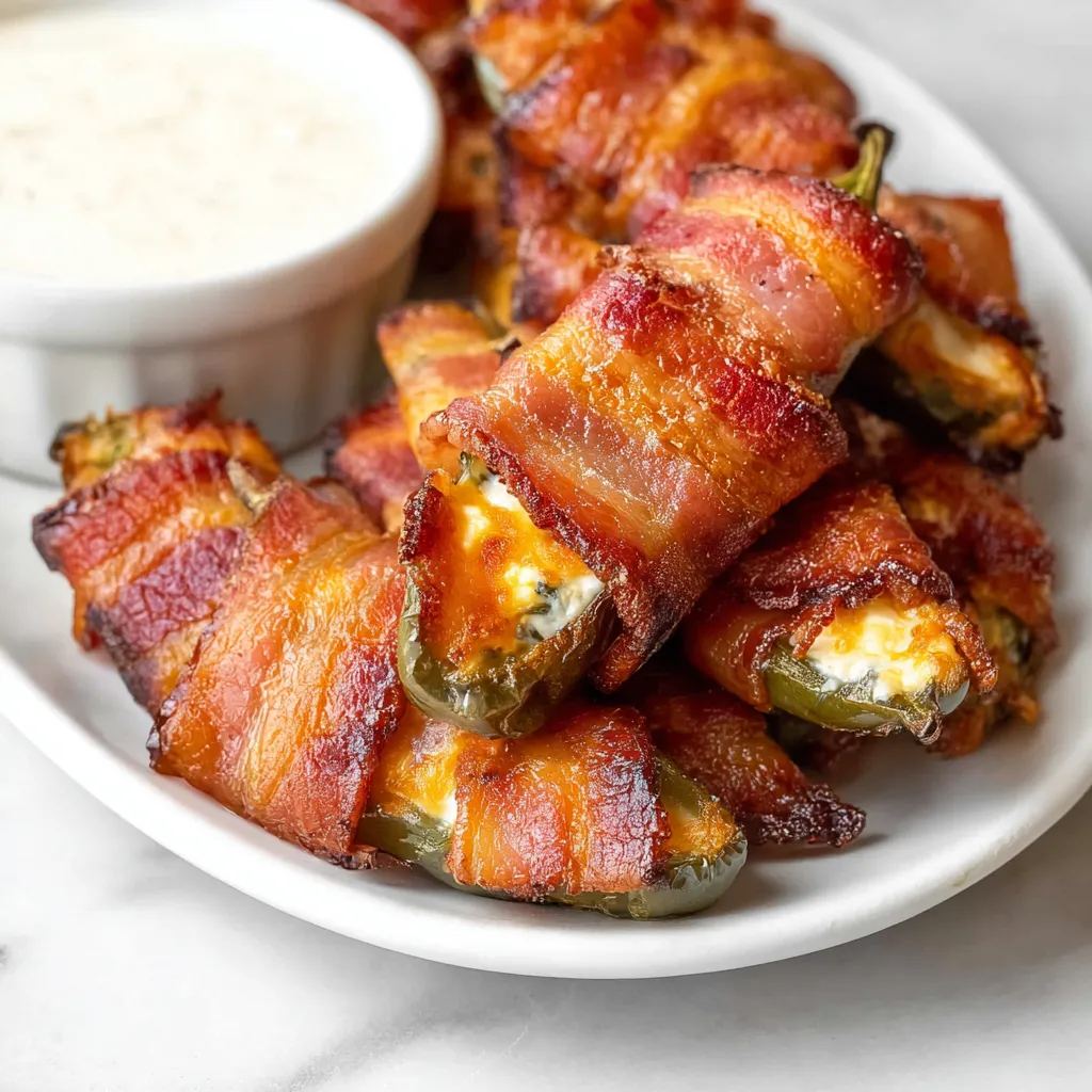 Bacon-wrapped jalapeño poppers on a plate.