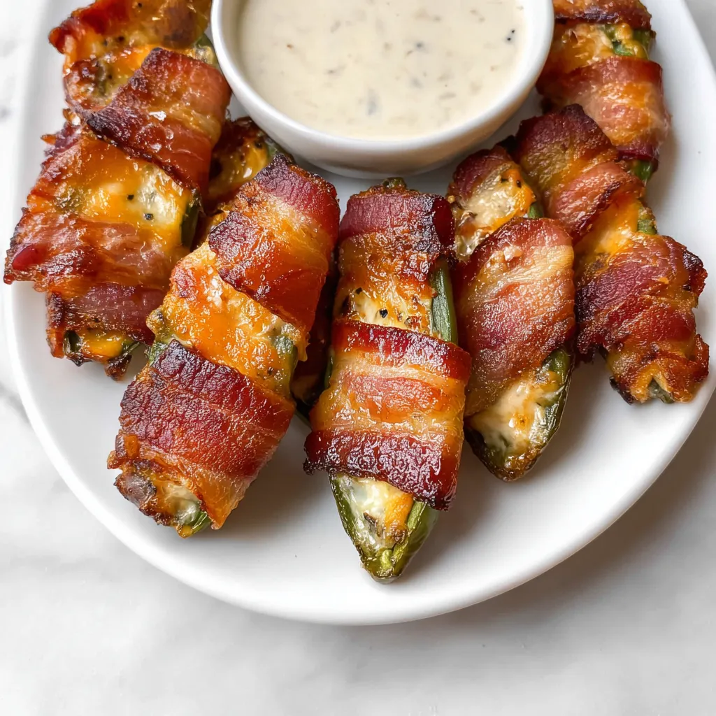 Bacon-wrapped jalapeno poppers with a side of ranch dressing.