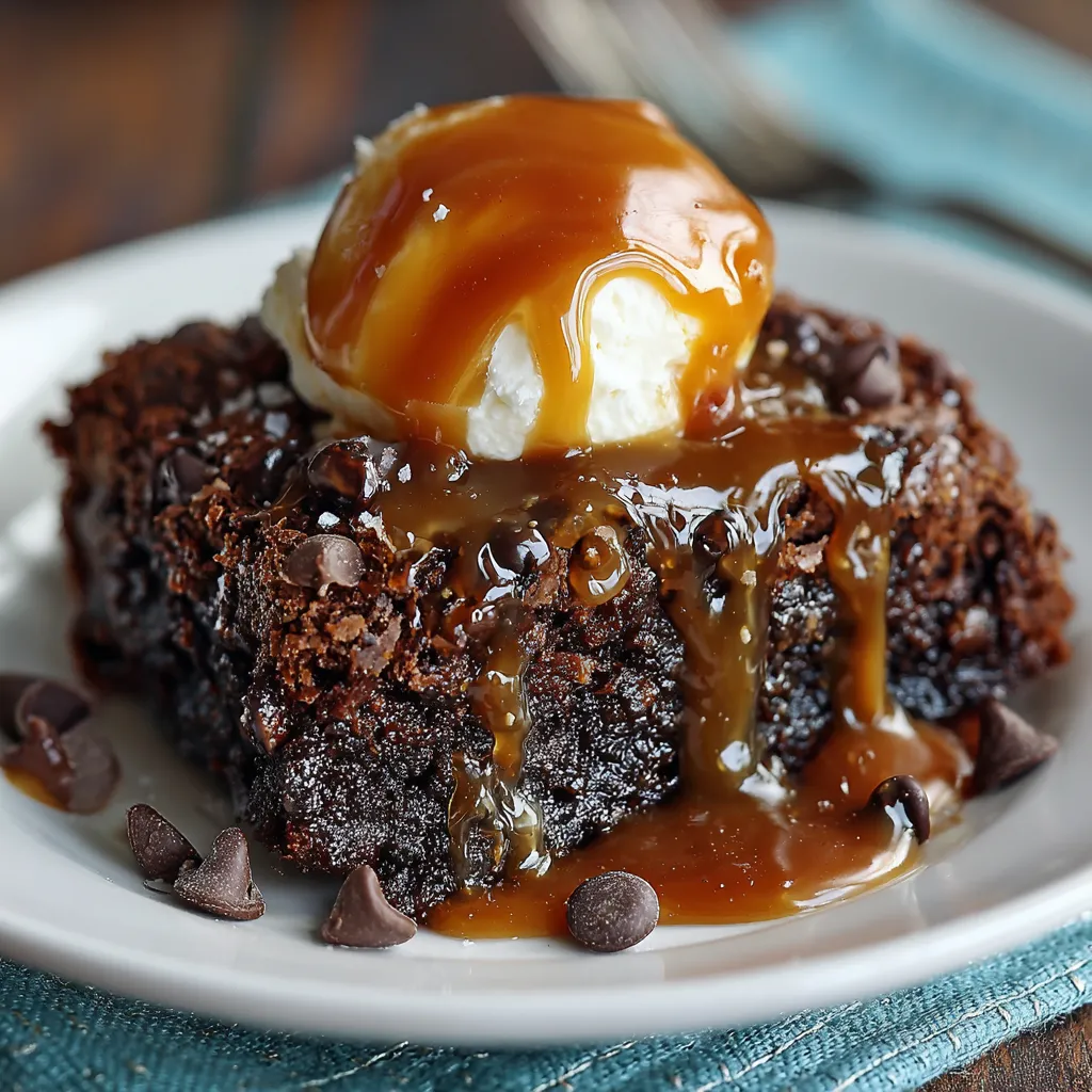 A slice of caramel chocolate dump cake.