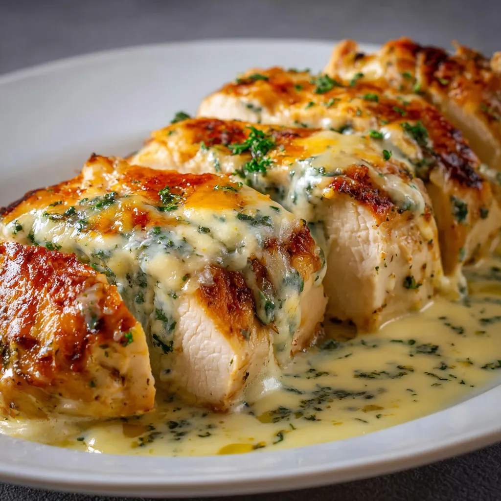 Mozzarella stuffed chicken breast on a plate.
