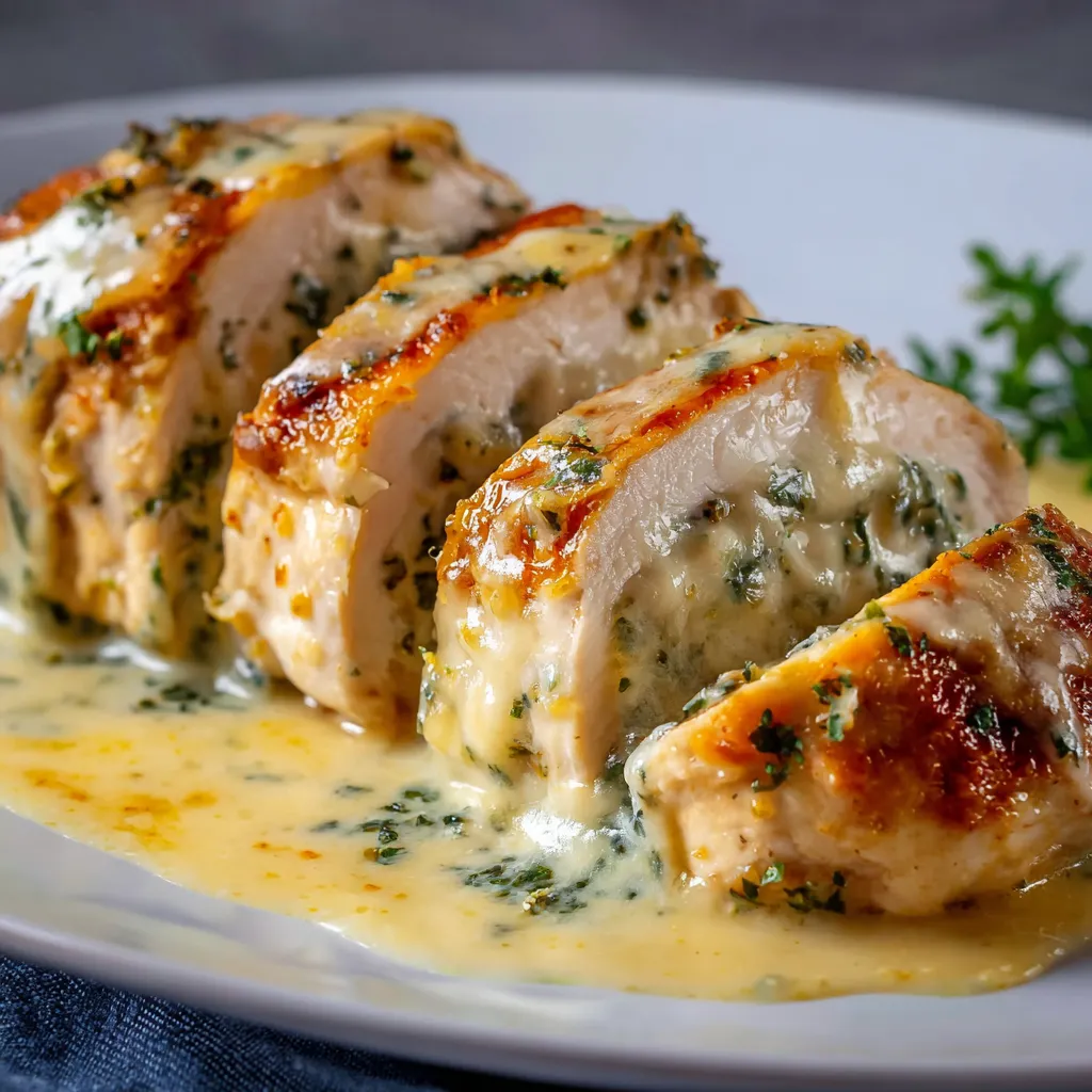Mozzarella stuffed chicken breast with sauce.