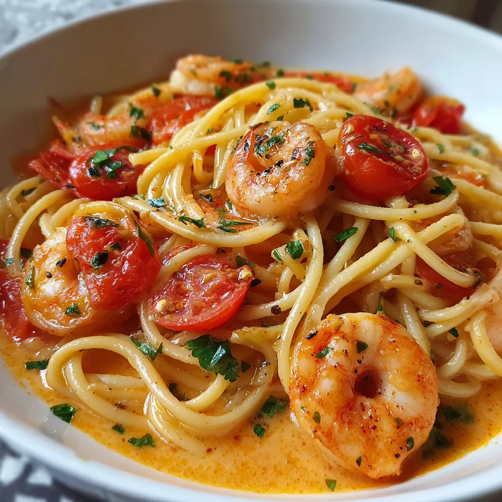 A bowl of spaghetti with shrimp in a creamy tomato sauce.