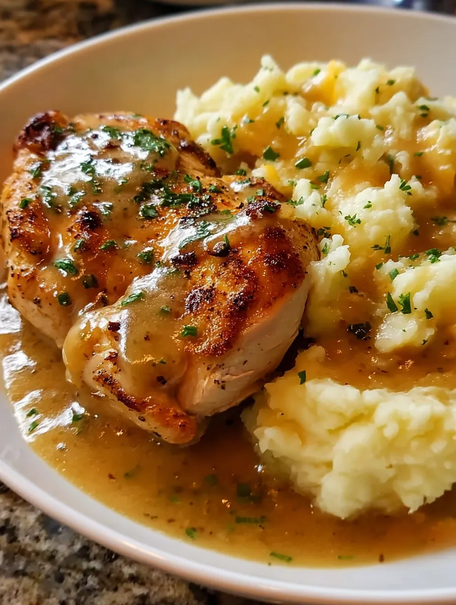 A plate of chicken and potatoes.