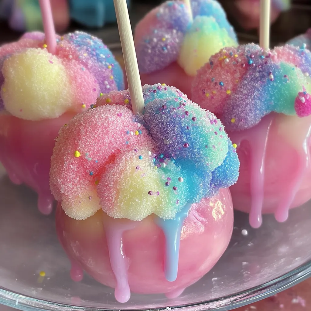 Colorful candy apples with cotton candy.