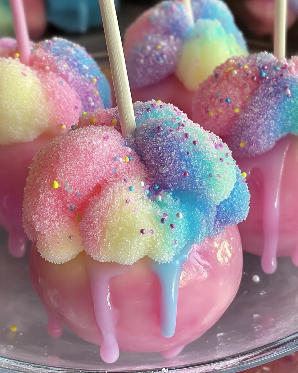 Colorful candy apples with cotton candy.