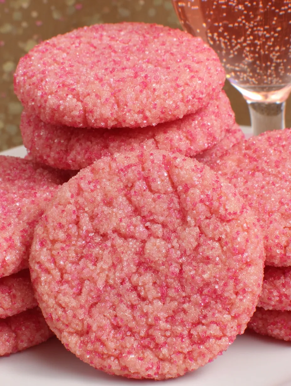 A stack of pink sugar cookies with a glass of champagne.
