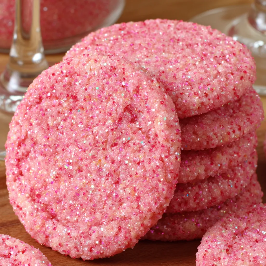 Pink sugar cookies with glittery toppings.