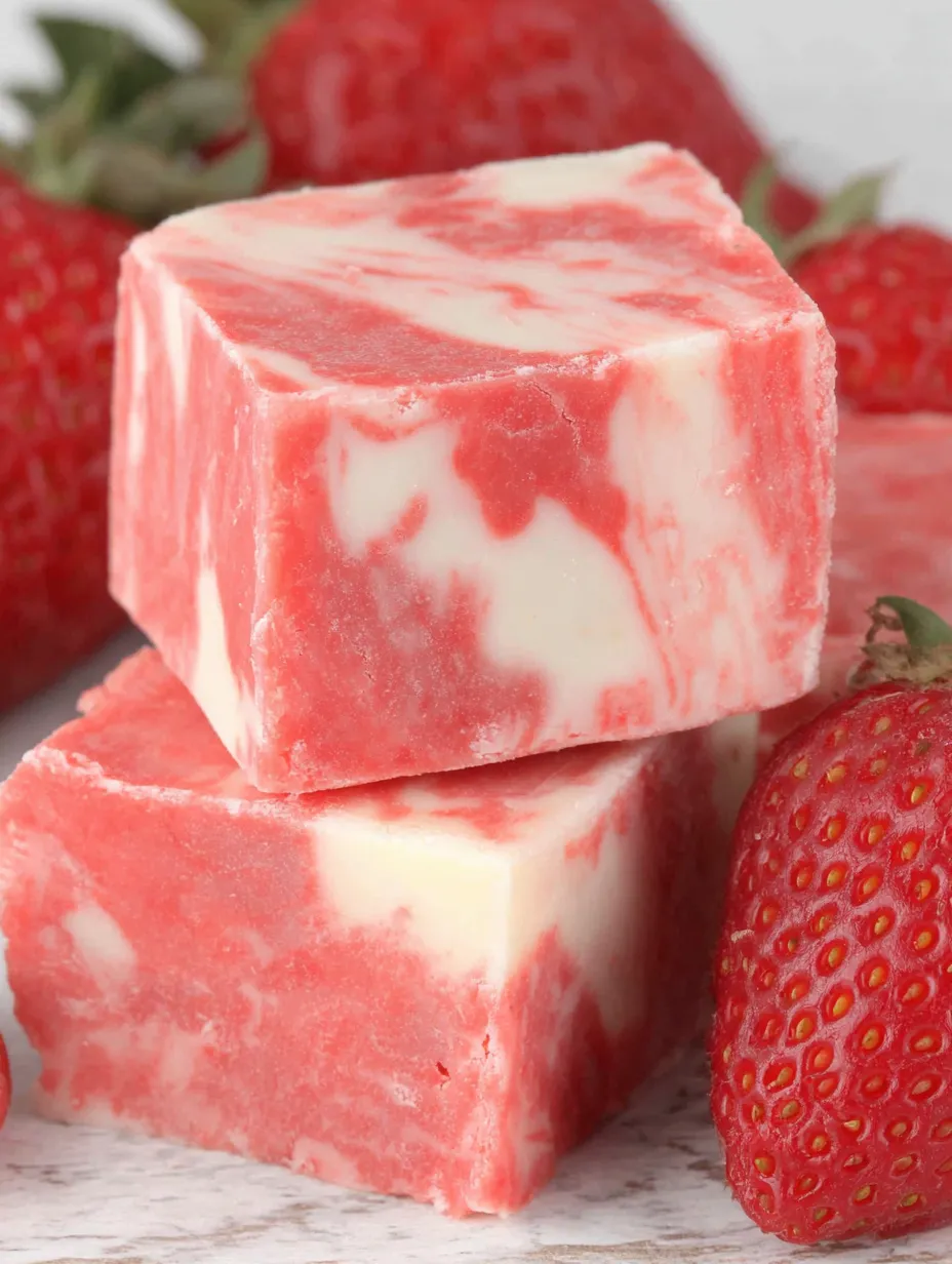 A piece of red fudge with strawberries on top.