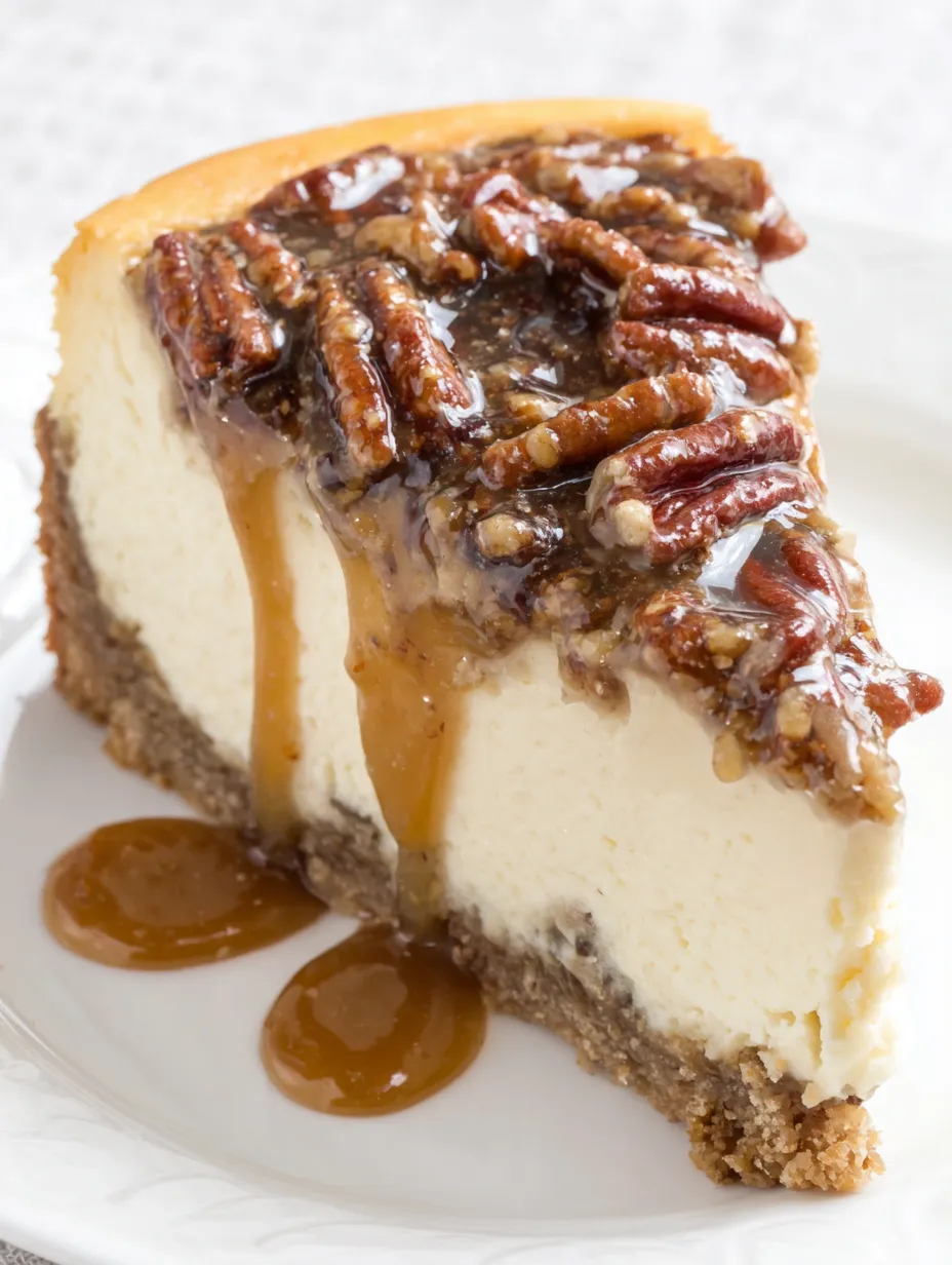 A slice of pecan pie cheesecake.