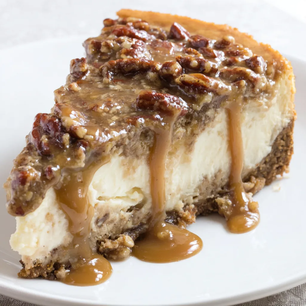 A slice of pecan pie cheesecake.