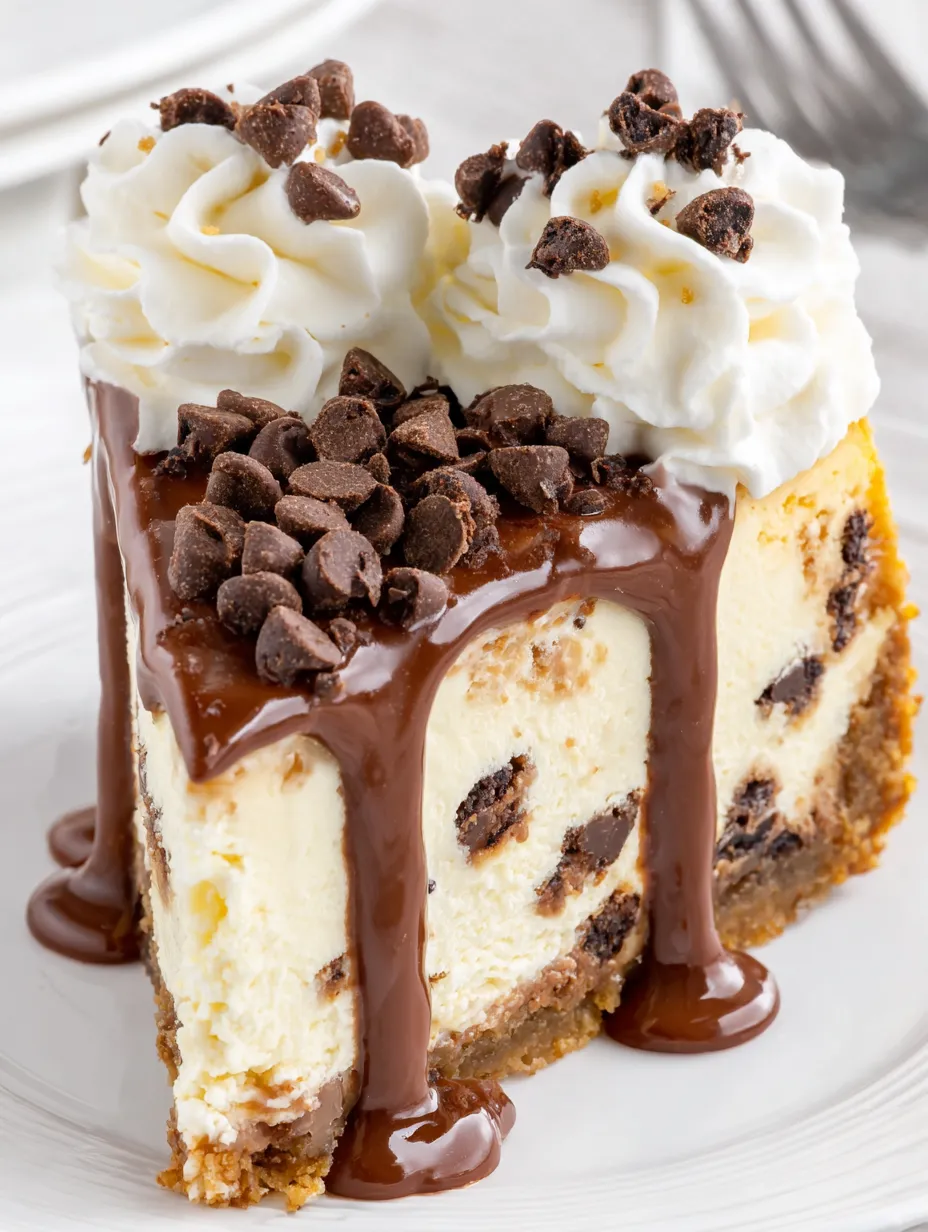 A slice of chocolate chip cheesecake with chocolate drizzle.